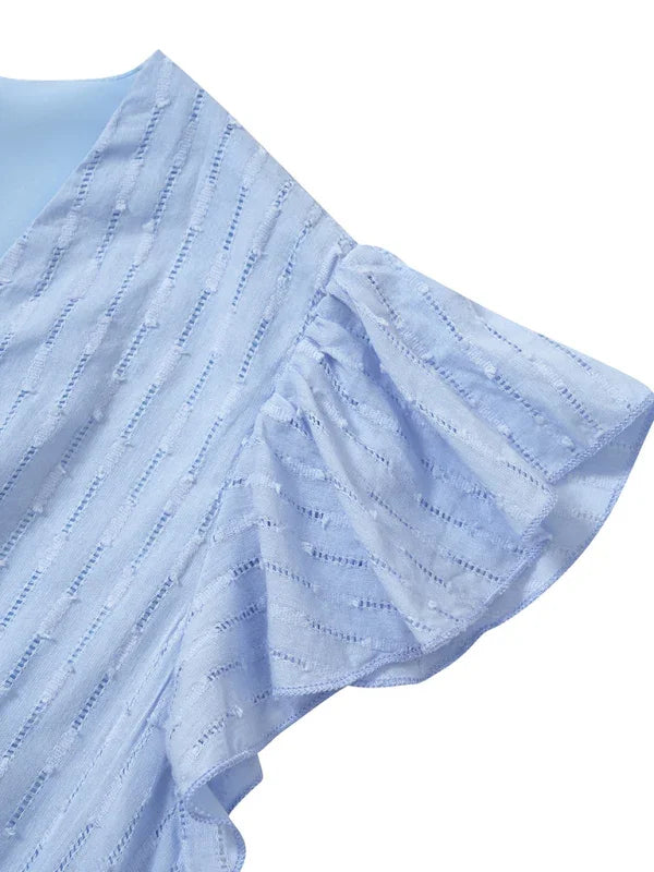 A-line,A-line bottom style dress,A-line dress,casual,casual dress,casual occasion dress,chiffon,cotton dress,flowy,ladies Wrinkle-resistant,midi,midi hemline dress,Quick drying midi dress,relaxed dress,ruffles,short sleeve,short sleeves dress,slip-on,slip-on dress,solid,solid dress,straight,summer,summer dress,V-neck,V-neck dress-LeStyleParfait