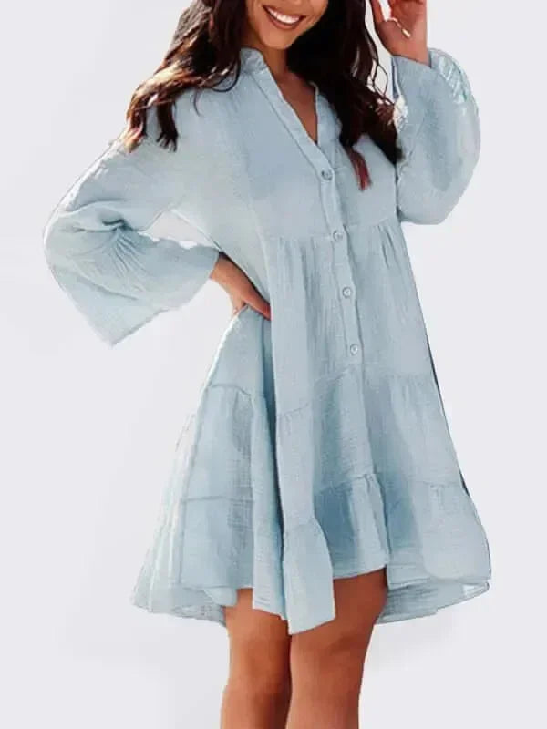 A-line,a-line dress,button-down,button-down dress,buttons,casual,casual dress,cotton,cotton dress,ladies Wrinkle resistant,long sleeve,long sleeve dress,loose,loose dress,mini,mini hem dress,Quick drying mini dress,solid,solid dress,straight,summer,summer dress,tiered,tiered dress,V-neck,v-neck dress-LeStyleParfait
