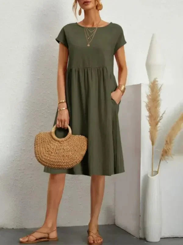 A-line,a-line dress,casual,casual dress,cotton,cotton dress,knee-length,knee-length dress,ladies Pockets,loose,loose fit dress,pockets,Quick drying knee-length dress,round,round neckline dress,short sleeve,short sleeves dress,slip-on,slip-on dress,solid,solid dress,straight,straight dress,summer,summer dress,Wrinkle resistant-LeStyleParfait