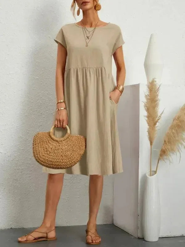 A-line,a-line dress,casual,casual dress,cotton,cotton dress,knee-length,knee-length dress,ladies Pockets,loose,loose fit dress,pockets,Quick drying knee-length dress,round,round neckline dress,short sleeve,short sleeves dress,slip-on,slip-on dress,solid,solid dress,straight,straight dress,summer,summer dress,Wrinkle resistant-LeStyleParfait