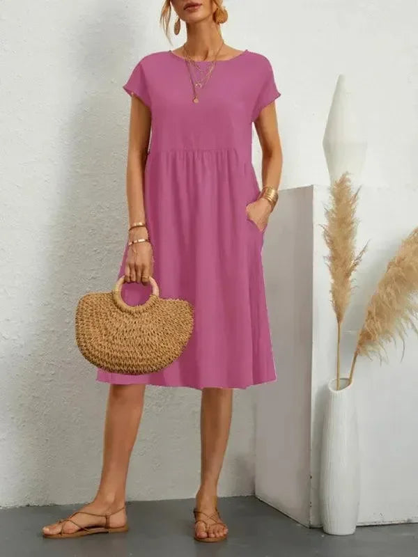 A-line,a-line dress,casual,casual dress,cotton,cotton dress,knee-length,knee-length dress,ladies Pockets,loose,loose fit dress,pockets,Quick drying knee-length dress,round,round neckline dress,short sleeve,short sleeves dress,slip-on,slip-on dress,solid,solid dress,straight,straight dress,summer,summer dress,Wrinkle resistant-LeStyleParfait
