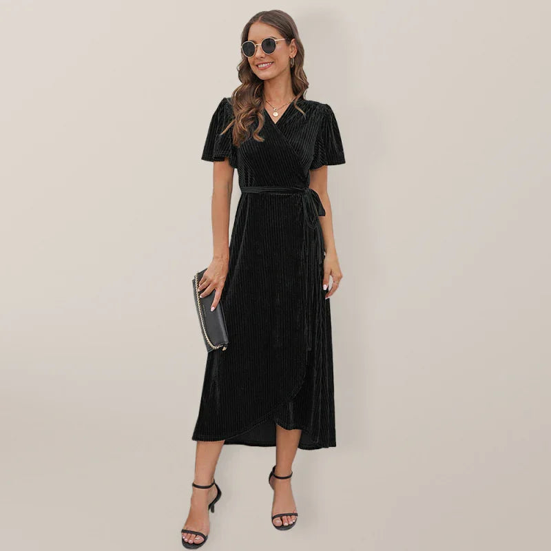A-line,A-line dress,asymmetrical,asymmetrical dress,asymmetrical hem dress,fall,fall dress,ladies wrinkle-resistant,maxi,maxi dress,party,party dress,quick drying maxi dress,regular,regular dress,short sleeve,short sleeve dress,slit,solid,solid dress,V-neck,V-neck dress,velvet,Velvet Dress,wrap,wrap tie,wrap tie dress-LeStyleParfait