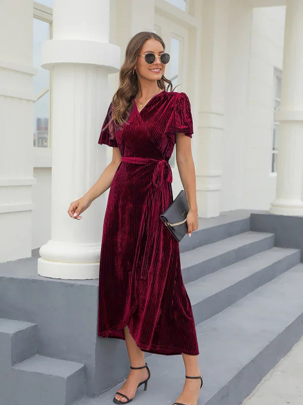 A-line,A-line dress,asymmetrical,asymmetrical dress,asymmetrical hem dress,fall,fall dress,ladies wrinkle-resistant,maxi,maxi dress,party,party dress,quick drying maxi dress,regular,regular dress,short sleeve,short sleeve dress,slit,solid,solid dress,V-neck,V-neck dress,velvet,Velvet Dress,wrap,wrap tie,wrap tie dress-LeStyleParfait