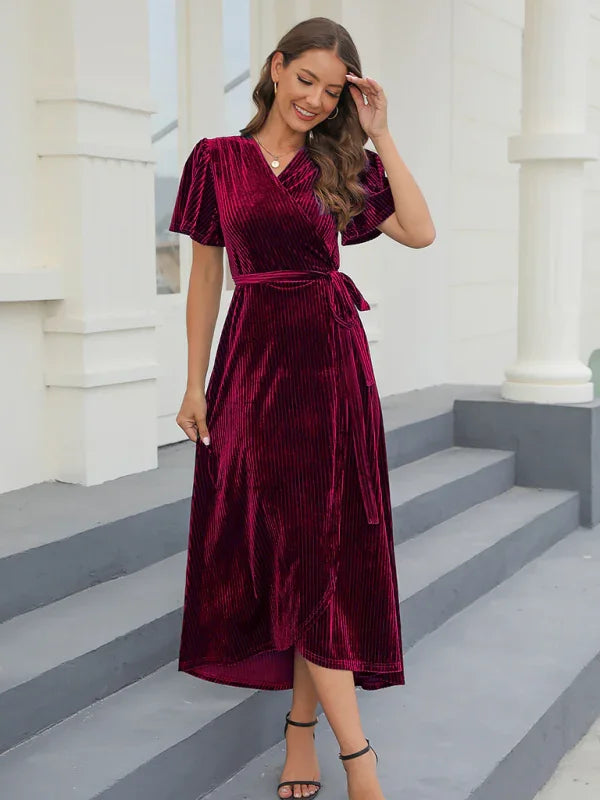 A-line,A-line dress,asymmetrical,asymmetrical dress,asymmetrical hem dress,fall,fall dress,ladies wrinkle-resistant,maxi,maxi dress,party,party dress,quick drying maxi dress,regular,regular dress,short sleeve,short sleeve dress,slit,solid,solid dress,V-neck,V-neck dress,velvet,Velvet Dress,wrap,wrap tie,wrap tie dress-LeStyleParfait