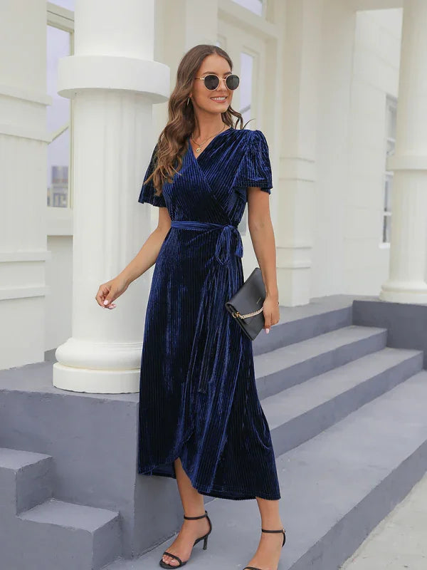 A-line,A-line dress,asymmetrical,asymmetrical dress,asymmetrical hem dress,fall,fall dress,ladies wrinkle-resistant,maxi,maxi dress,party,party dress,quick drying maxi dress,regular,regular dress,short sleeve,short sleeve dress,slit,solid,solid dress,V-neck,V-neck dress,velvet,Velvet Dress,wrap,wrap tie,wrap tie dress-LeStyleParfait