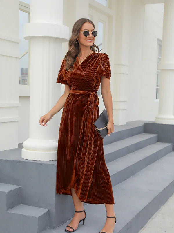 A-line,A-line dress,asymmetrical,asymmetrical dress,asymmetrical hem dress,fall,fall dress,ladies wrinkle-resistant,maxi,maxi dress,party,party dress,quick drying maxi dress,regular,regular dress,short sleeve,short sleeve dress,slit,solid,solid dress,V-neck,V-neck dress,velvet,Velvet Dress,wrap,wrap tie,wrap tie dress-LeStyleParfait