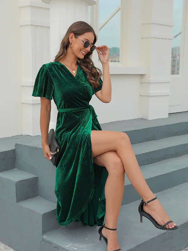 A-line,A-line dress,asymmetrical,asymmetrical dress,asymmetrical hem dress,fall,fall dress,ladies wrinkle-resistant,maxi,maxi dress,party,party dress,quick drying maxi dress,regular,regular dress,short sleeve,short sleeve dress,slit,solid,solid dress,V-neck,V-neck dress,velvet,Velvet Dress,wrap,wrap tie,wrap tie dress-LeStyleParfait