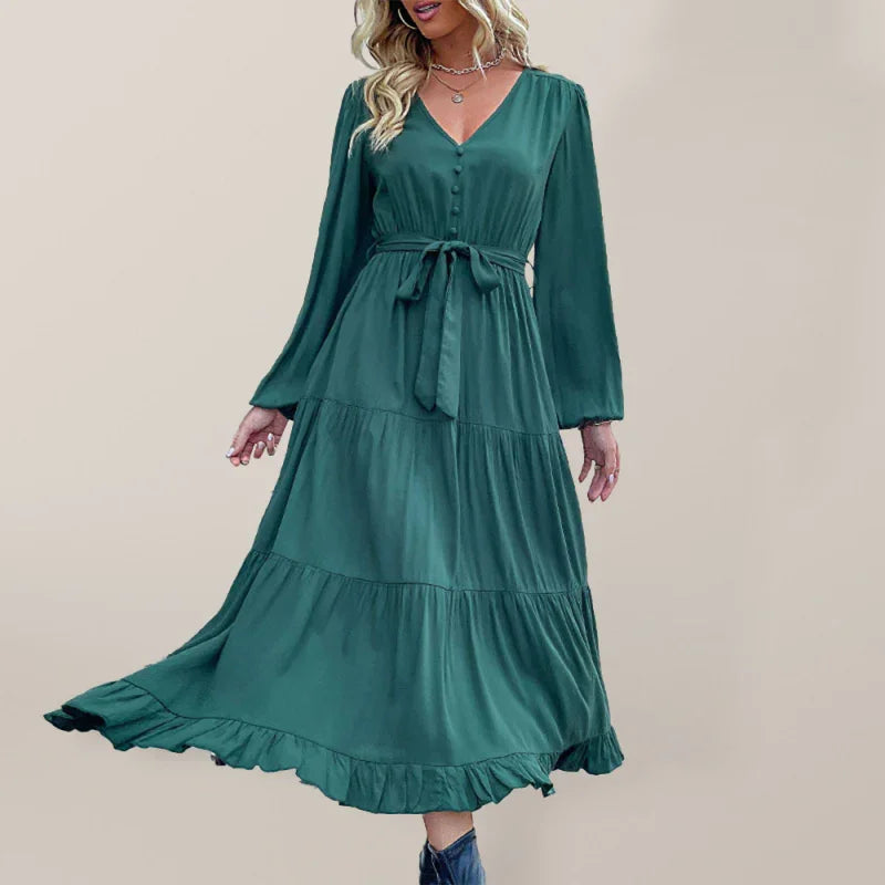 A-line,A-line dress,button-down,button-down dress,casual,casual dress,chiffon,chiffon dress,flowy,ladies Wrinkle resistant,long sleeve,long sleeves dress,midi,midi hem dress,pleated,pleated dress,pleats,Quick drying midi dress,ruffled,solid,solid dress,spring,spring dress,V-neck,V-neck dress-LeStyleParfait