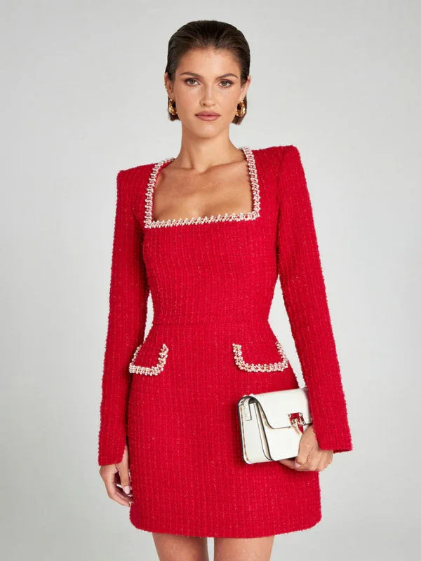 Elegant Beaded Square Neck Mini Dress