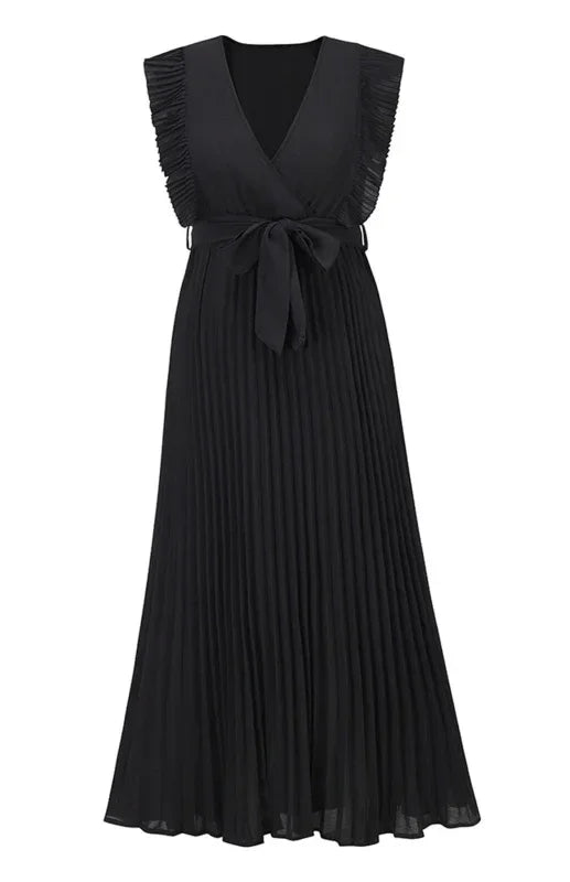 Elegant Black Chiffon Pleated Midi Dress