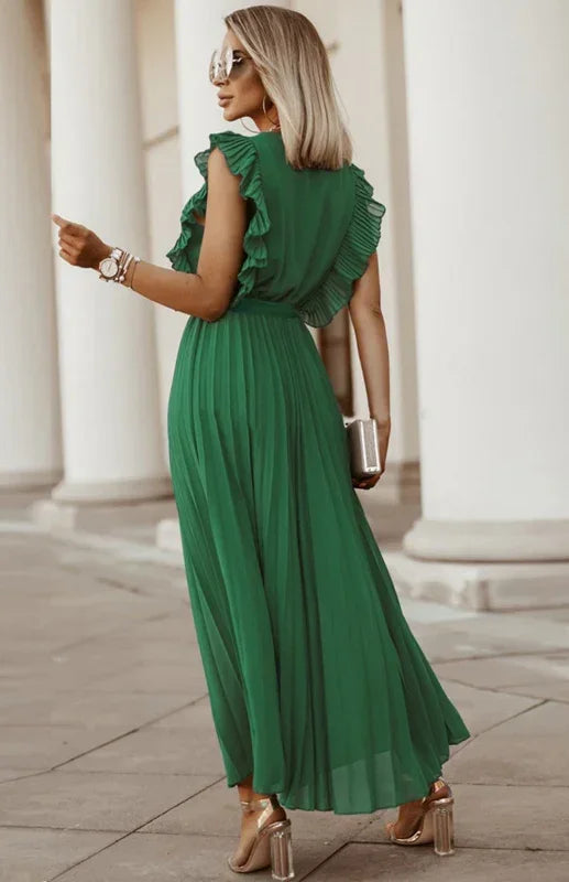 Elegant Black Chiffon Pleated Midi Dress