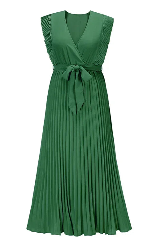 Elegant Black Chiffon Pleated Midi Dress