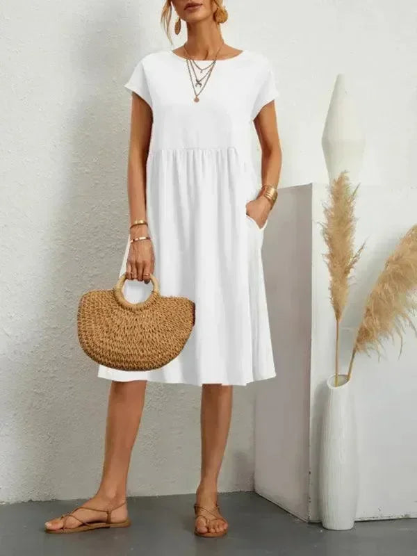 Elegant Black Cotton Linen Knee Dress fashion image