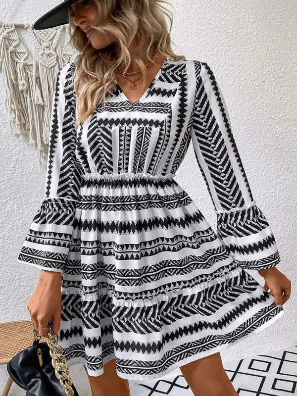 Elegant Black Geometric Bell Sleeve Mini Dress
