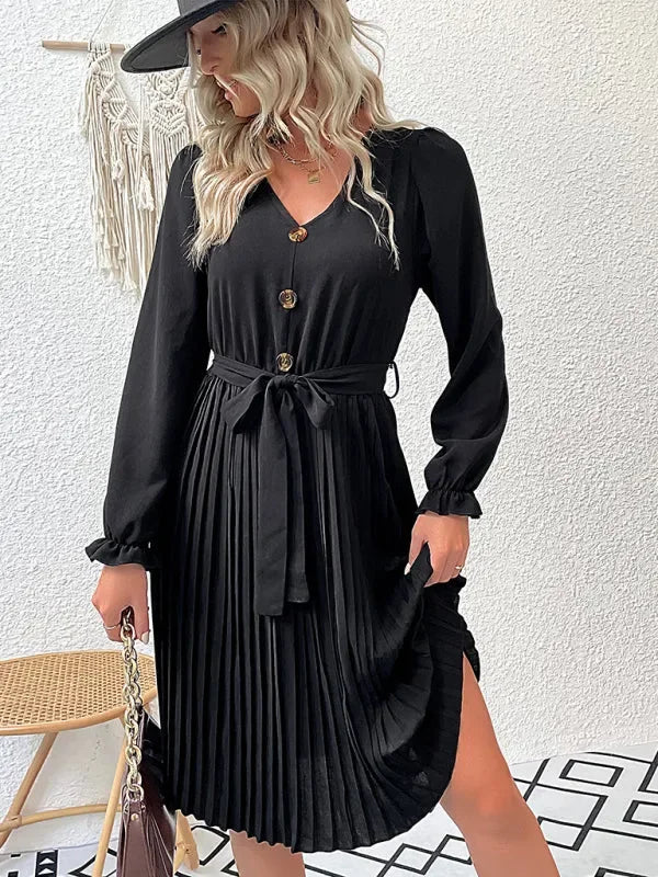 Elegant Black Pleated Office Midi Dress