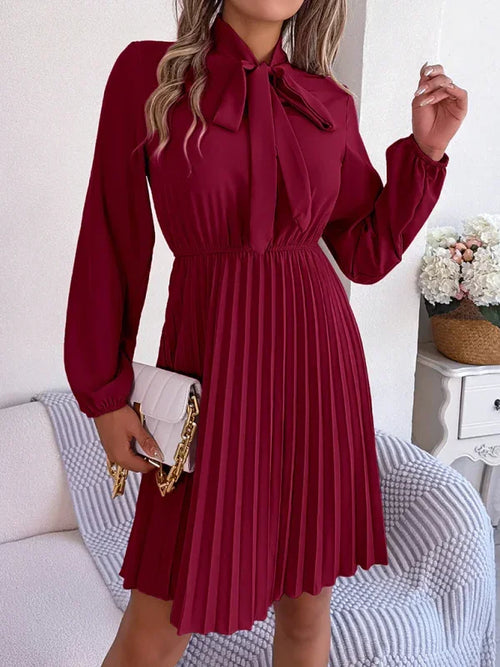 Elegant Burgundy Pleated Chiffon Midi Dress