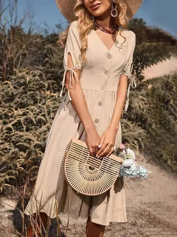 Elegant Cotton Button Front Midi Dress