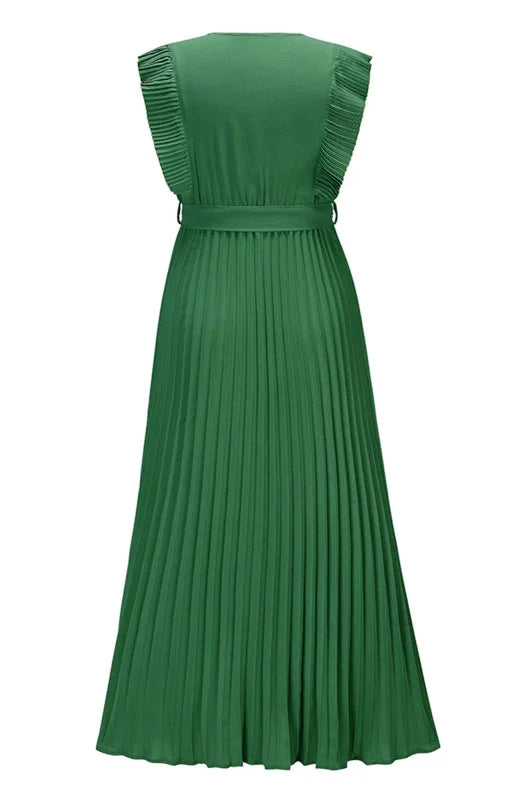 A-line,A-line dress,chiffon,chiffon dress,fit & flare dress,fit-and-flare dress,flared,flowy,ladies Wrinkle resistant,midi,midi hem dress,party,party dress,pleated,pleated dress,Quick drying midi dress,ruffles,short-sleeve dress,slip-on,slip-on dress,solid,solid dress,straight,summer,summer dress,V-neck,V-neck dress-LeStyleParfait