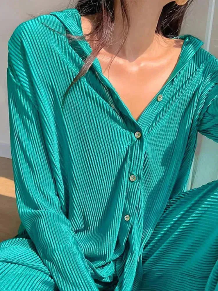Elegant Green Satin Two-Piece Lounge Set - Solid Satin Two-Piece Lounge Set - LeStyleParfait