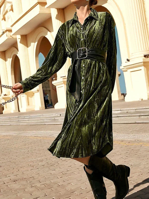 Elegant Green Velvet Shirt Midi Dress-Midi Dress-LeStyleParfait