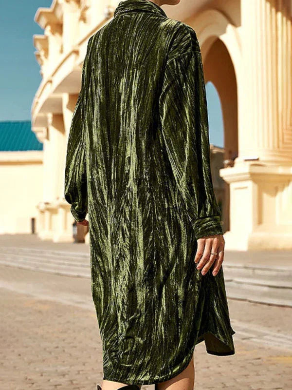 Elegant Green Velvet Shirt Midi Dress-Midi Dress-LeStyleParfait