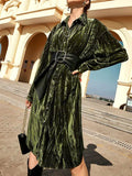 Elegant Green Velvet Shirt Midi Dress-Midi Dress-LeStyleParfait