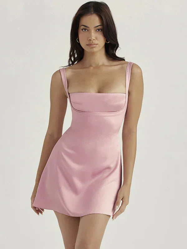 Elegant Pink Satin Square Neck Mini Dress fashion image