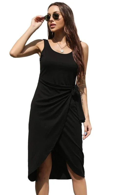 asymmetrical,jersey,ladies Wrinkle resistant,midi,midi hem dress,party,party dress,polyester dress,Quick drying midi dress,regular,regular fit dress,round,round neckline dress,sheath,sheath dress,sleeveless,sleeveless dress,slit,solid,solid dress,summer,summer dress,wrap,wrap dress,wrap tie,wrap tie dress-LeStyleParfait