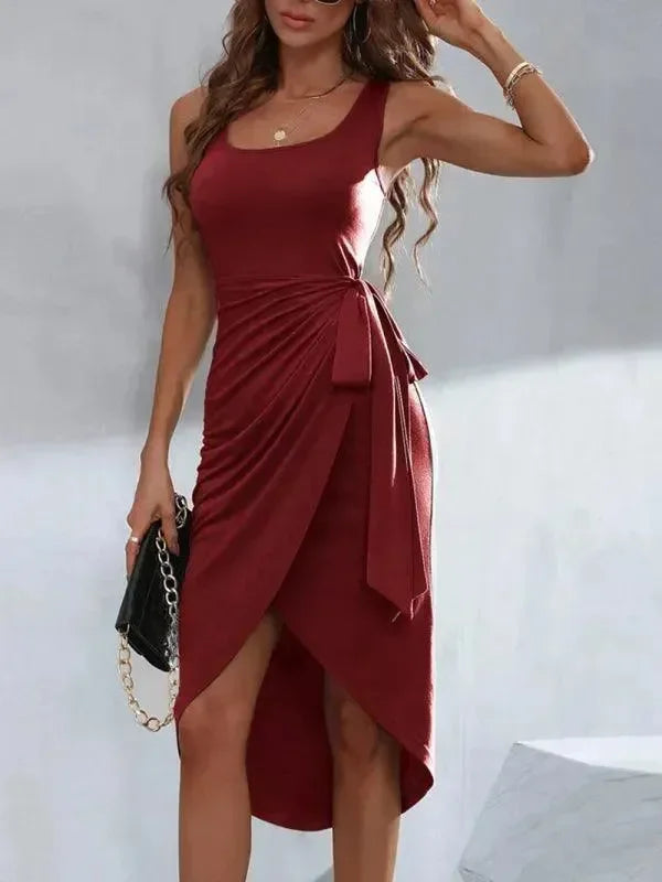 asymmetrical,asymmetrical dress,casual,casual dress,jersey,ladies Wrinkle resistant,midi,midi hem dress,polyester dress,Quick drying midi dress,sheath,sheath dress,sleeveless,sleeveless dress,slim,slim dress,solid,solid dress,square,square neckline dress,summer,summer dress,wrap,wrap tie,wrap tie dress-LeStyleParfait