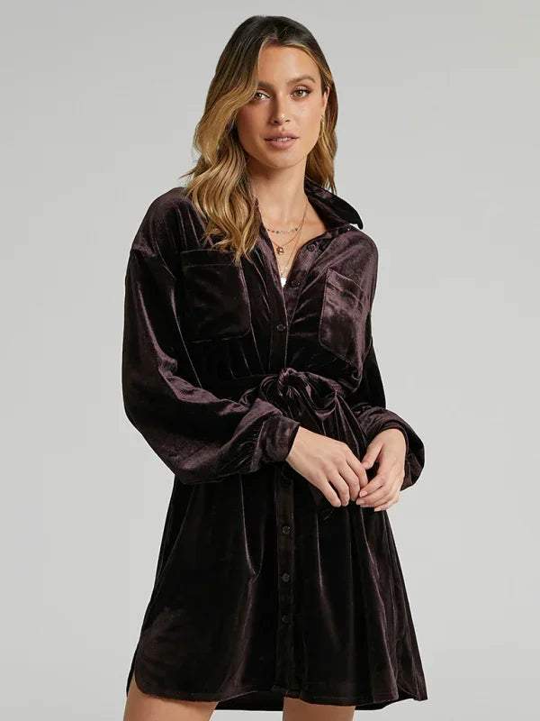 Elegant Velvet Balloon Sleeve Midi Dress