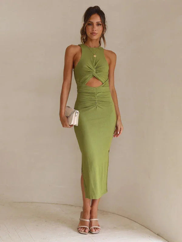 Elegant White Halter Bodycon Midi Dress