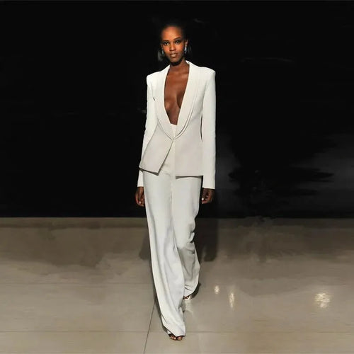 White Low V-Neck Women Pantsuit - Pantsuit - LeStyleParfait