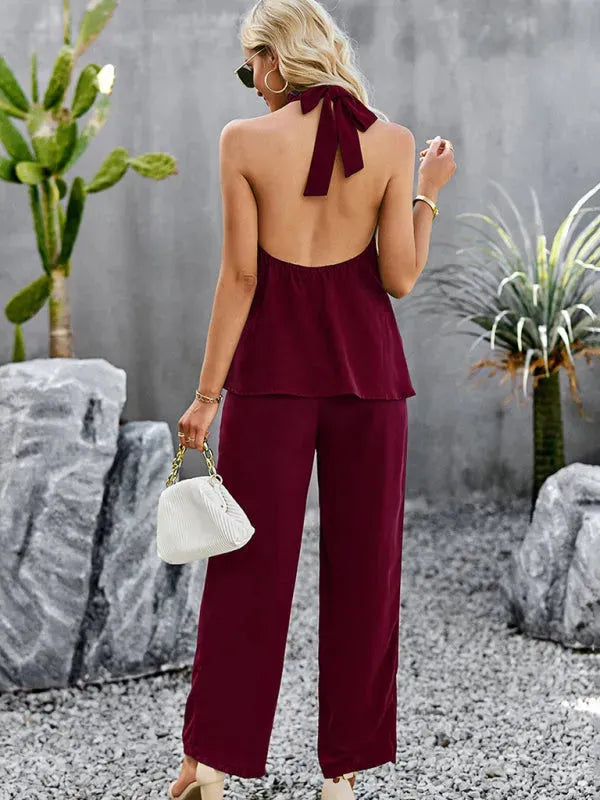Elegant Women Casual Halterneck Two-Piece Pants Set - Casual Pants Set - LeStyleParfait