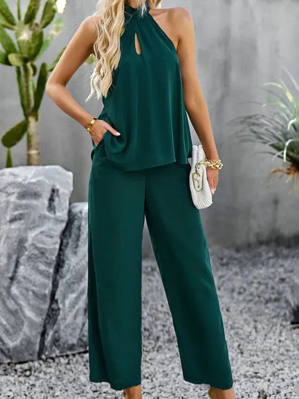 Elegant Women Casual Halterneck Two-Piece Pants Set - Casual Pants Set - LeStyleParfait