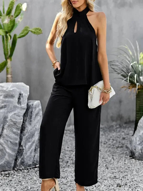 Elegant Women Casual Halterneck Two-Piece Pants Set - Casual Pants Set - LeStyleParfait