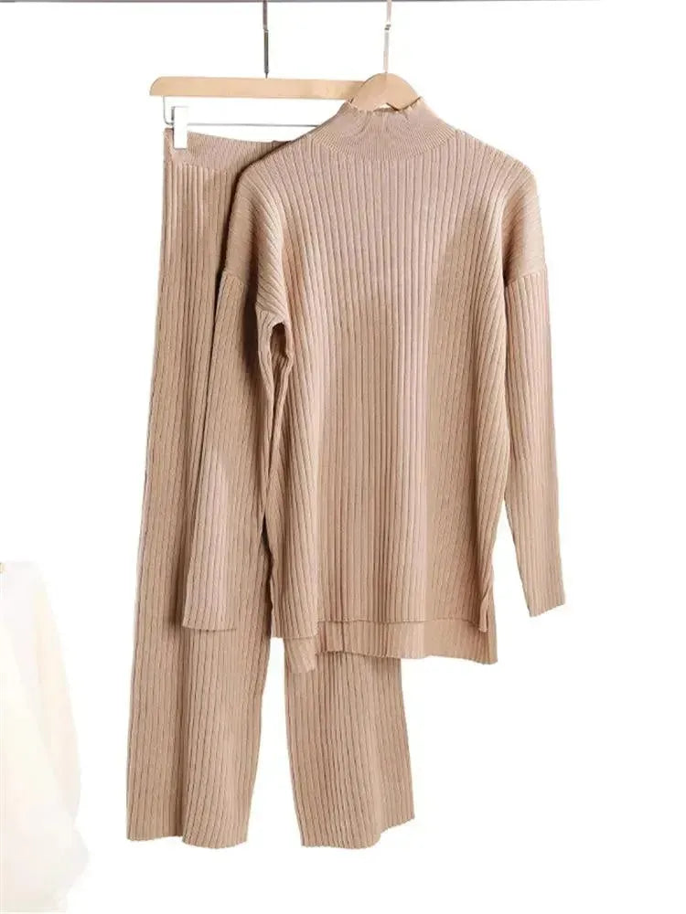 Elegant Women Casual Ribbed Two-Piece Set - Casual Pants Set - LeStyleParfait