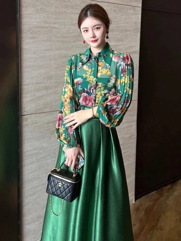 Elegant Women Floral Satin Two-Piece Skirt Set - Floral Skirt Set - LeStyleParfait