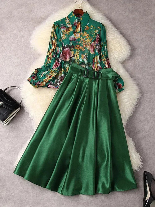 Elegant Women Floral Satin Two-Piece Skirt Set - Floral Skirt Set - LeStyleParfait