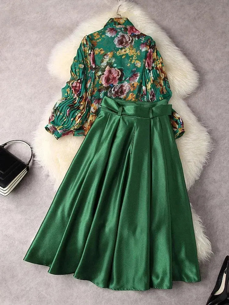 Elegant Women Floral Satin Two-Piece Skirt Set - Floral Skirt Set - LeStyleParfait