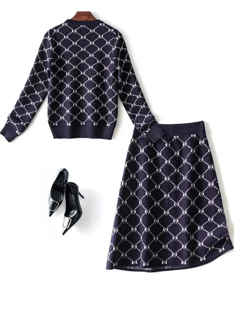 Elegant Women Geometric Fall Two-Piece Skirt Set - Geometric Skirt Set - LeStyleParfait
