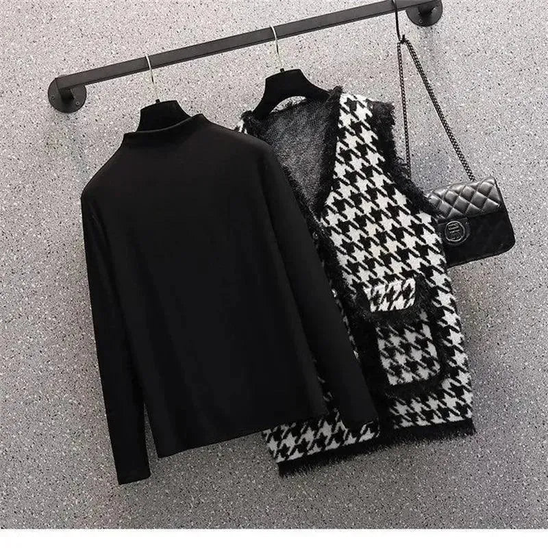 Elegant Women Tweed Plaid Three-Piece Outfit Set - Plaid Three-Piece Outfit Set - LeStyleParfait