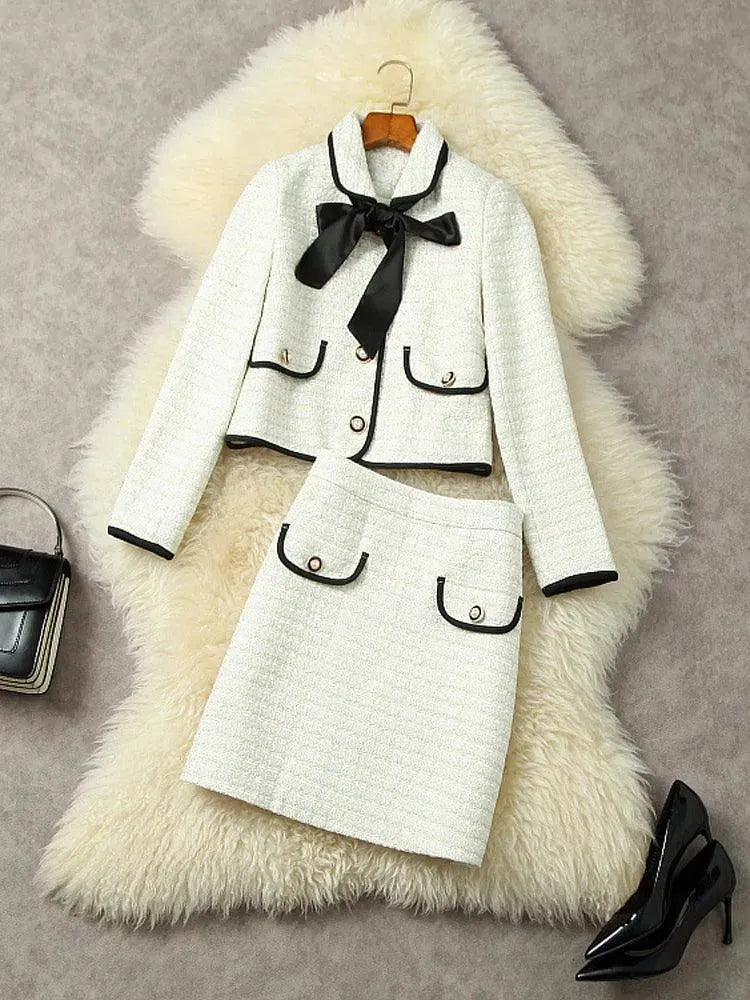 Beige Tweed Skirt Suit With A Ribbon - Skirt Suit - LeStyleParfait