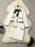Beige Tweed Skirt Suit With A Ribbon - Skirt Suit - LeStyleParfait