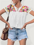 Embroidered Tassel Tie Top - Women Tops & Blouses | LeStyleParfait-Women Tops