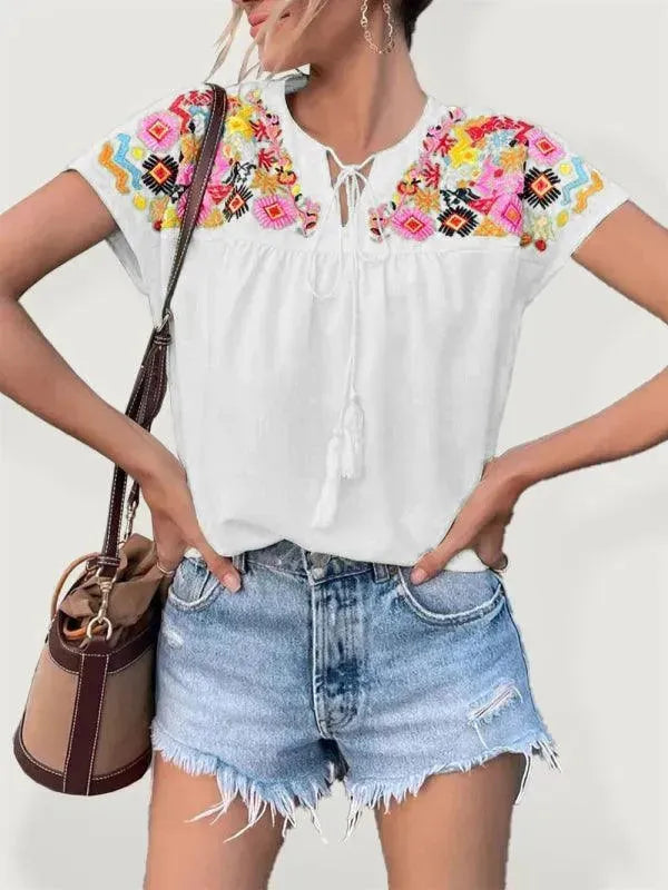Embroidered Tassel Tie Top - Women Tops & Blouses | LeStyleParfait-Women Tops