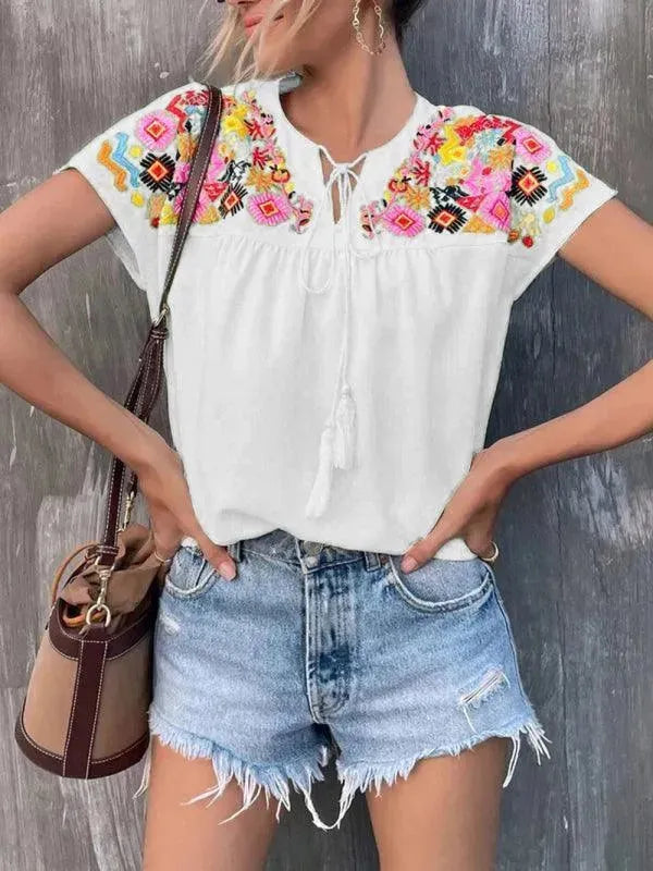 Embroidered Tassel Tie Top - Women Tops & Blouses | LeStyleParfait-Women Tops