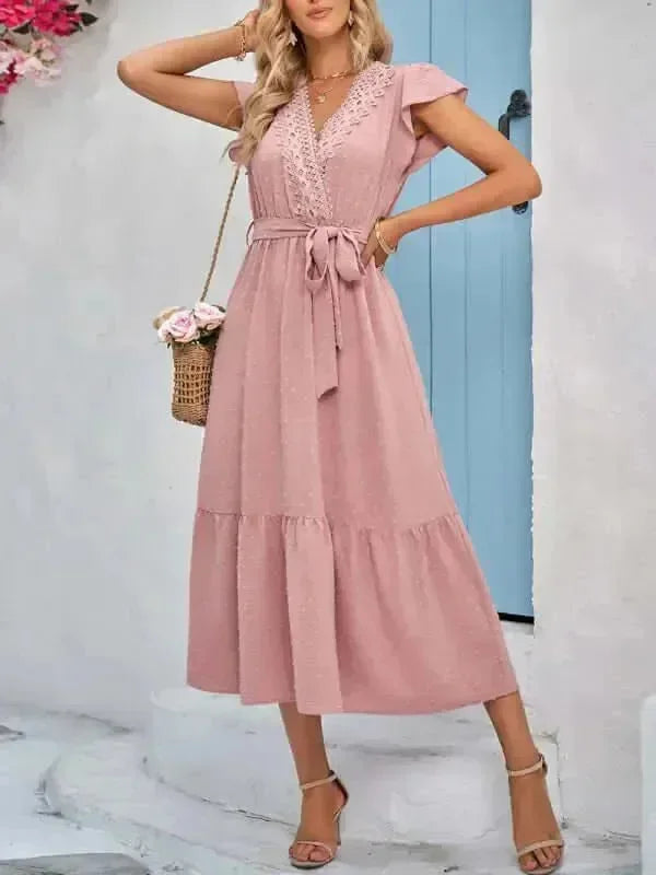 A-line,A-line dress,belt,belt closure,belt closure dress,casual,casual dress,cotton,cotton dress,flowy,ladies Wrinkle resistant,maxi,maxi dress,maxi hem dress,Quick drying maxi dress,short sleeve,short sleeves dress,solid,solid dress,straight,summer,summer dress,true-to-size dress,V-neck,V-neck dress-LeStyleParfait