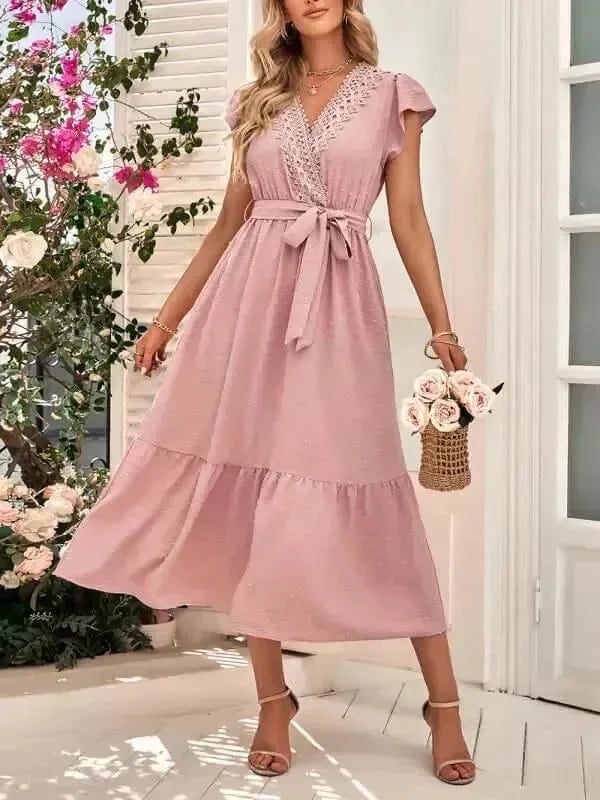 A-line,A-line dress,belt,belt closure,belt closure dress,casual,casual dress,cotton,cotton dress,flowy,ladies Wrinkle resistant,maxi,maxi dress,maxi hem dress,Quick drying maxi dress,short sleeve,short sleeves dress,solid,solid dress,straight,summer,summer dress,true-to-size dress,V-neck,V-neck dress-LeStyleParfait
