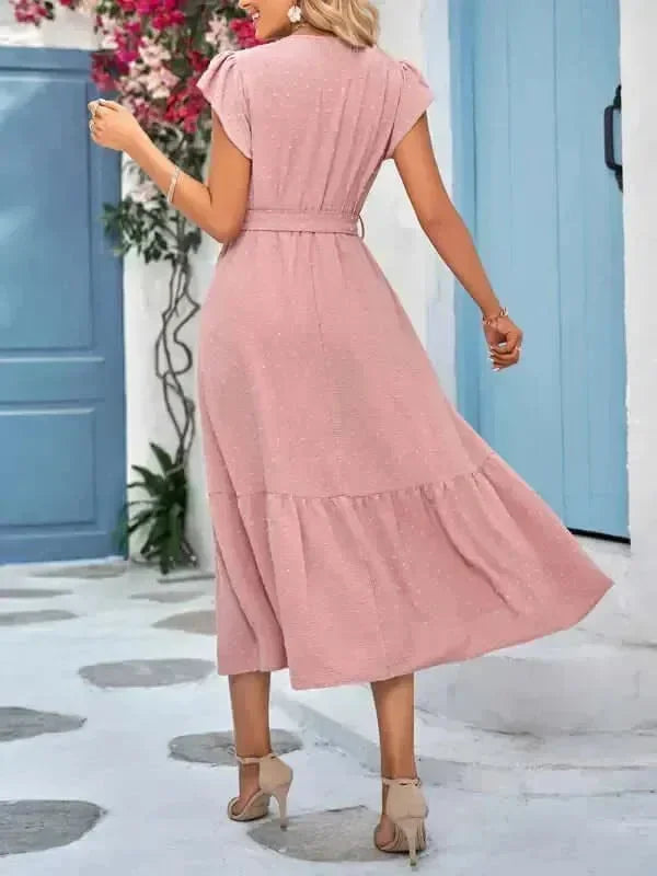 A-line,A-line dress,belt,belt closure,belt closure dress,casual,casual dress,cotton,cotton dress,flowy,ladies Wrinkle resistant,maxi,maxi dress,maxi hem dress,Quick drying maxi dress,short sleeve,short sleeves dress,solid,solid dress,straight,summer,summer dress,true-to-size dress,V-neck,V-neck dress-LeStyleParfait