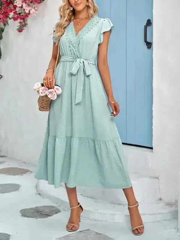 A-line,A-line dress,belt,belt closure,belt closure dress,casual,casual dress,cotton,cotton dress,flowy,ladies Wrinkle resistant,maxi,maxi dress,maxi hem dress,Quick drying maxi dress,short sleeve,short sleeves dress,solid,solid dress,straight,summer,summer dress,true-to-size dress,V-neck,V-neck dress-LeStyleParfait